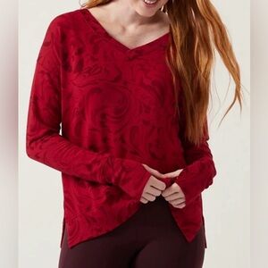 Athleta Red Pattern Coaster Luxe V-Neck Sweatshirt
